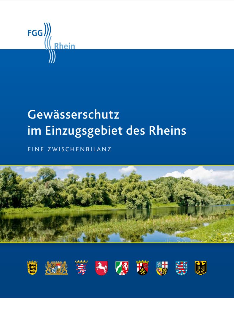 Titelbild der Broschüre "Gewässerschutz im Einzugsgebiet des Rheins. Eine Zwischenbilanz" der FGG Rhein